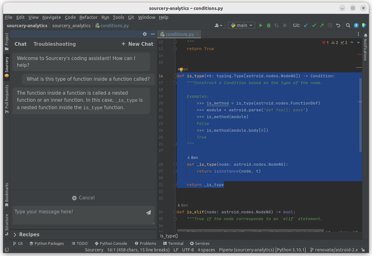 Chatting with Sourcery in PyCharm
