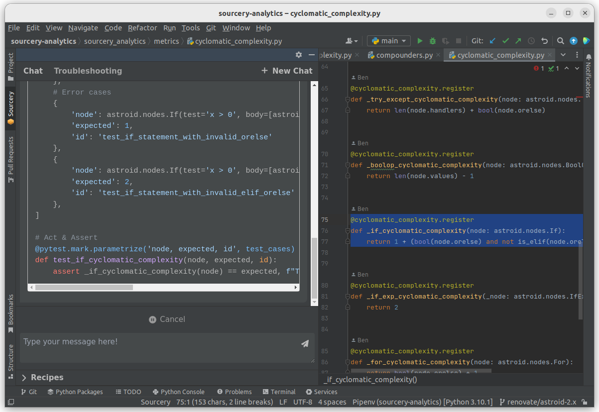Sourcery generating tests in PyCharm