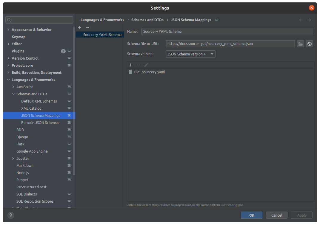 Final settings for the Sourcery YAML JSON Schema Mapping in PyCharm