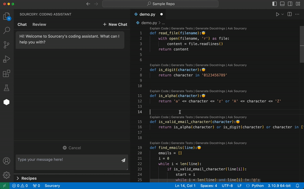 Chatting with Sourcery in VS Code